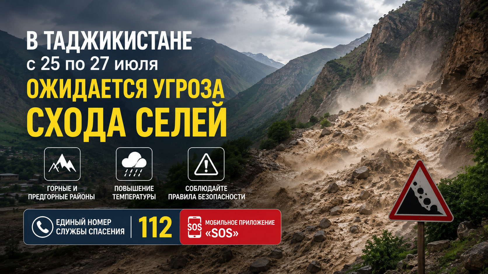 В Таджикистане с 25 по 27 июля ожидается угроза схода селей