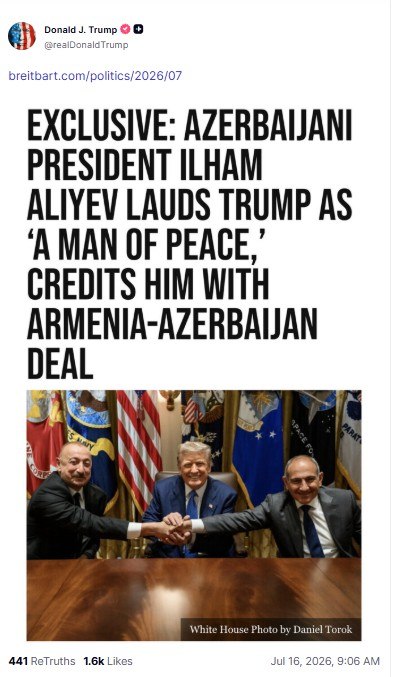 Трамп репостнул материал о заявлении Алиева на Шушинском глобальном медиафоруме